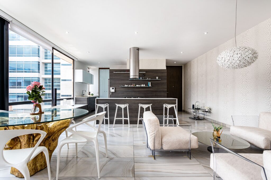 Elegant modern apartment with open kitchen and stylish decor